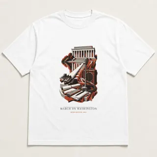 Front of a white tee carrying the neoclassical March on Washington design