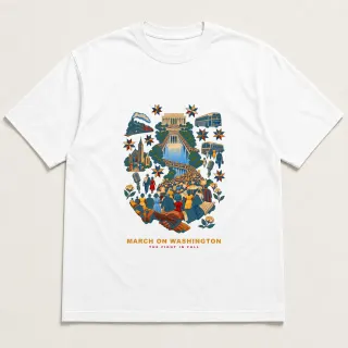 Front of a white tee with a four-color pixel-art design for March on Washington