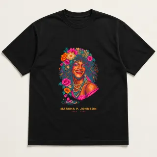 Front of a black tee with a four-color pixel-art design for Marsha P. Johnson