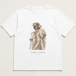 Front of a white tee carrying the ethereal Marsha P. Johnson design