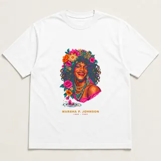 Front of a white tee with a four-color pixel-art design for Marsha P. Johnson