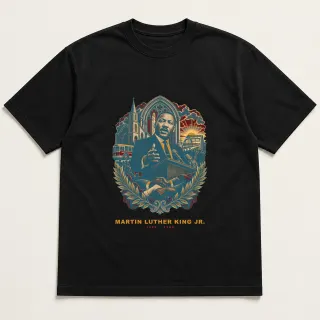 Front of a black tee with a two-color engraved design for Martin Luther King Jr.