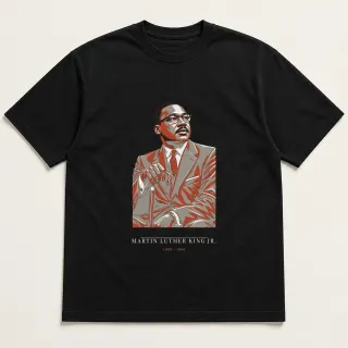 Front of a black tee carrying the neoclassical Martin Luther King Jr. design