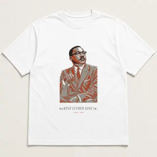 Front of a white tee carrying the neoclassical Martin Luther King Jr. design