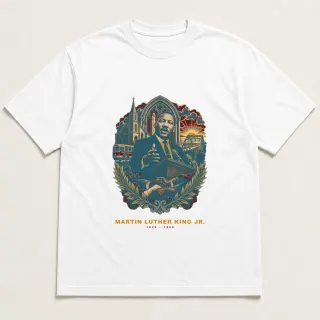 Front of a white tee with a two-color engraved design for Martin Luther King Jr.