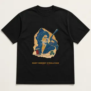 Front of a black tee with a three-color mixed-media design for Mary Kenney O'Sullivan