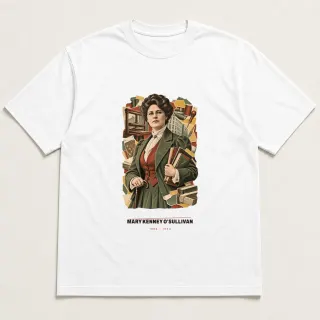 Front of a white tee carrying the scrapbook Mary Kenney O'Sullivan design