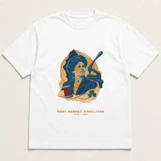 Front of a white tee with a three-color mixed-media design for Mary Kenney O'Sullivan