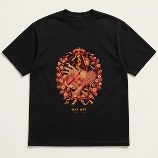 Front of a black tee with a two-color engraved design for May Day