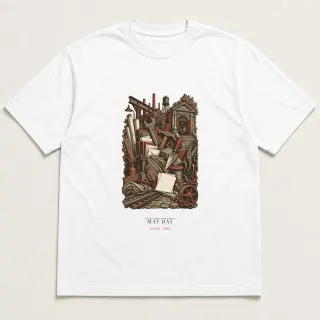 Front of a white tee carrying the lecture marble May Day design