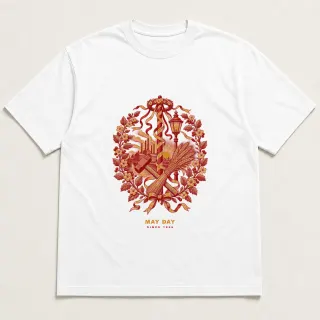 Front of a white tee with a two-color engraved design for May Day