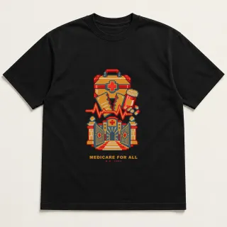 Front of a black tee with a four-color pixel-art design for Medicare for All