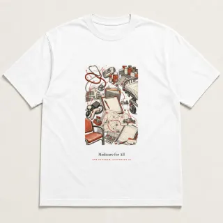 Front of a white tee carrying the conceptual sketch Medicare for All design
