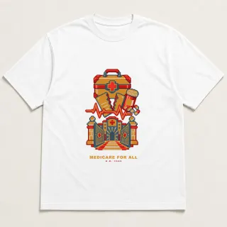 Front of a white tee with a four-color pixel-art design for Medicare for All
