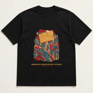 Front of a black tee with a three-color mixed-media design for Memphis sanitation strike