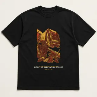 Front of a black tee carrying the civic modern Memphis sanitation strike design