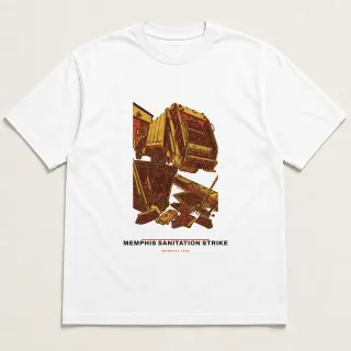 Front of a white tee carrying the civic modern Memphis sanitation strike design