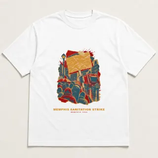 Front of a white tee with a three-color mixed-media design for Memphis sanitation strike