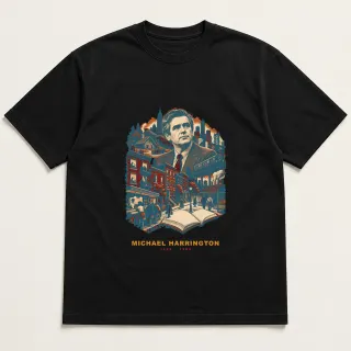 Front of a black tee with a four-color pixel-art design for Michael Harrington