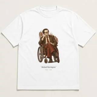 Front of a white tee carrying the light academia Michael Harrington design