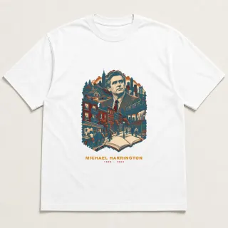 Front of a white tee with a four-color pixel-art design for Michael Harrington