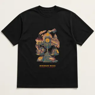Front of a black tee with a two-color engraved design for Minimum Wage