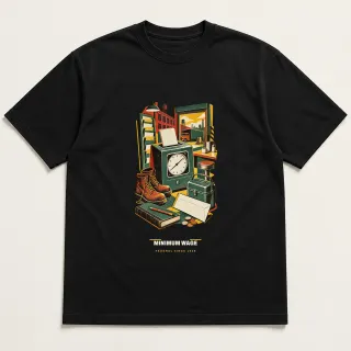 Front of a black tee carrying the mid-century Minimum Wage design