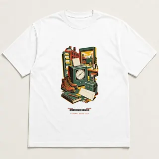 Front of a white tee carrying the mid-century Minimum Wage design
