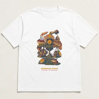 Front of a white tee with a two-color engraved design for Minimum Wage