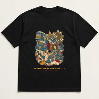 Front of a black tee with a three-color mixed-media design for Montgomery Bus Boycott