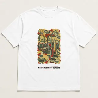 Front of a white tee carrying the scrapbook Montgomery Bus Boycott design
