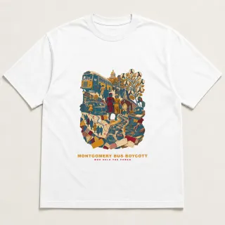 Front of a white tee with a three-color mixed-media design for Montgomery Bus Boycott