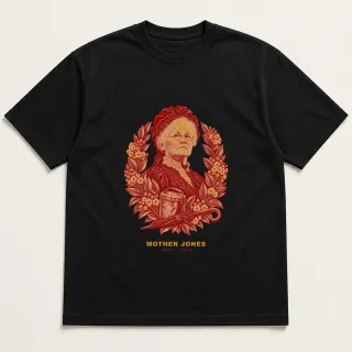 Front of a black tee with a two-color engraved design for Mother Jones