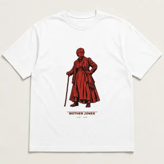 Front of a white tee carrying the utilitarian Mother Jones design