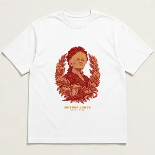 Front of a white tee with a two-color engraved design for Mother Jones