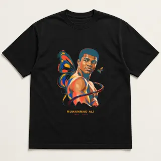 Front of a black tee with a two-color engraved design for Muhammad Ali