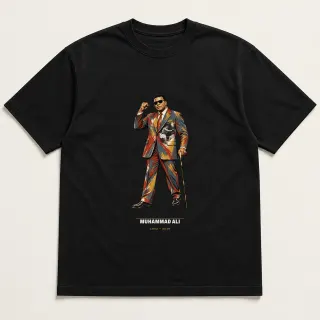 Front of a black tee carrying the mixed media Muhammad Ali design