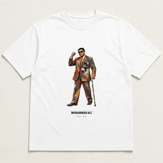 Front of a white tee carrying the mixed media Muhammad Ali design
