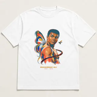 Front of a white tee with a two-color engraved design for Muhammad Ali