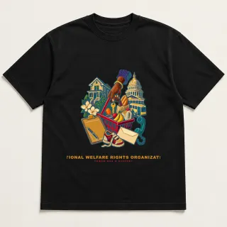 Front of a black tee with a four-color pixel-art design for National Welfare Rights Organization