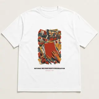 Front of a white tee carrying the archive collage National Welfare Rights Organization design
