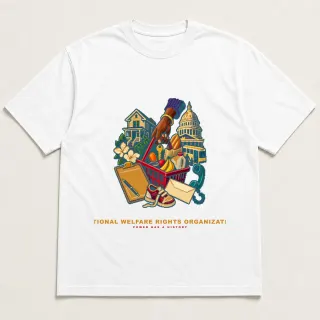 Front of a white tee with a four-color pixel-art design for National Welfare Rights Organization