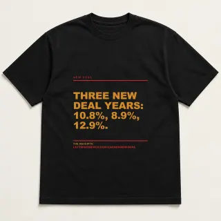 Front of a black tee reading "Three New Deal years: 10.8%, 8.9%, 12.9%." with the New Deal page address printed under it