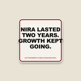 A cream square sticker with a red frame reading "NIRA lasted two years. Growth kept going."