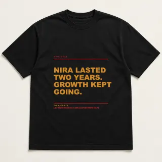 Front of a black tee reading "NIRA lasted two years. Growth kept going." with the New Deal page address printed under it