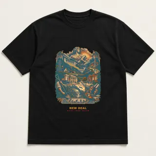 Front of a black tee with a two-color engraved design for New Deal