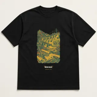 Front of a black tee carrying the mid-century New Deal design