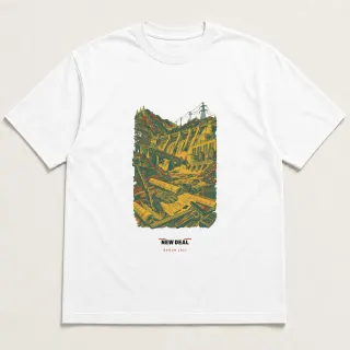 Front of a white tee carrying the mid-century New Deal design