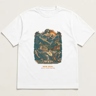 Front of a white tee with a two-color engraved design for New Deal