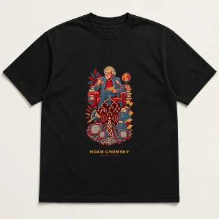 Front of a black tee with a four-color pixel-art design for Noam Chomsky